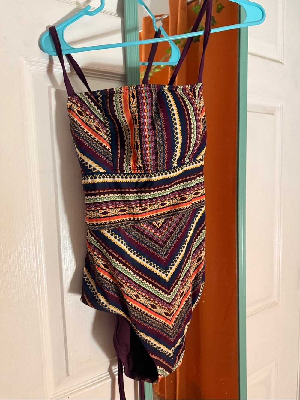 Multicolor Patterned Strapless Swimsuit with Purple Tie Straps